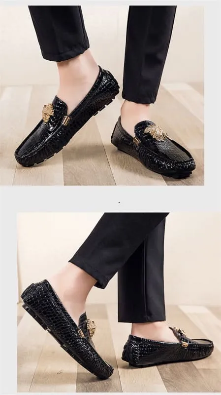 Mens Crocodile Print Loafer Shoes with Gold Motif for Stylish Steps