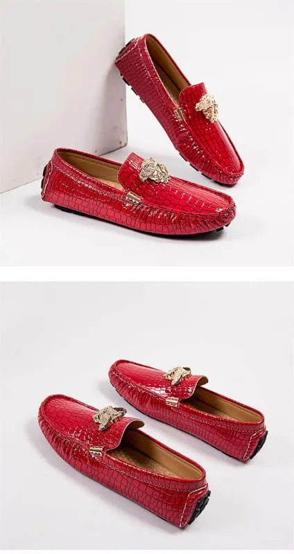Mens Crocodile Print Loafer Shoes with Gold Motif for Stylish Steps