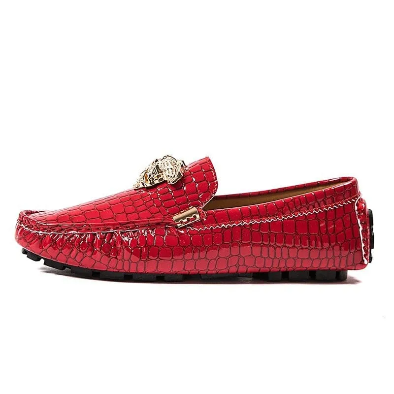 Mens Crocodile Print Loafer Shoes with Gold Motif for Stylish Steps