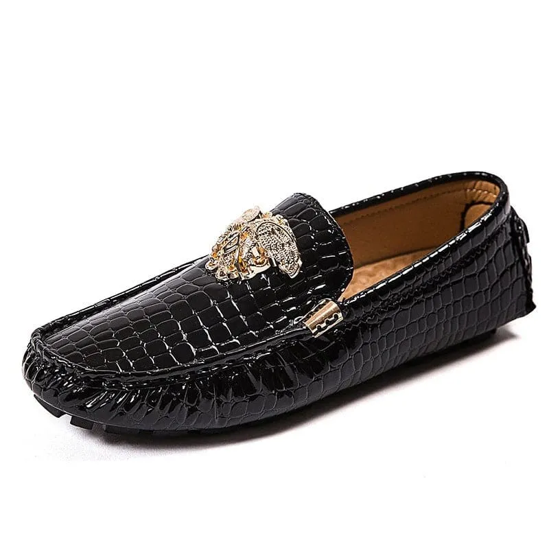 Mens Crocodile Print Loafer Shoes with Gold Motif for Stylish Steps