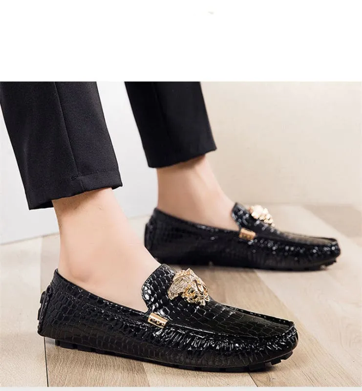 Mens Crocodile Print Loafer Shoes with Gold Motif for Stylish Steps