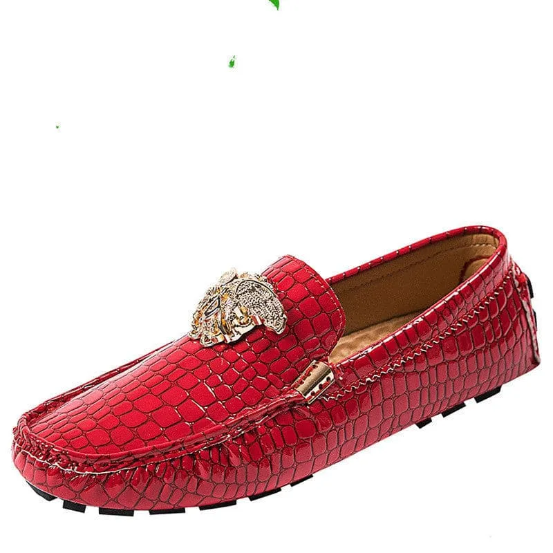 Mens Crocodile Print Loafer Shoes with Gold Motif for Stylish Steps