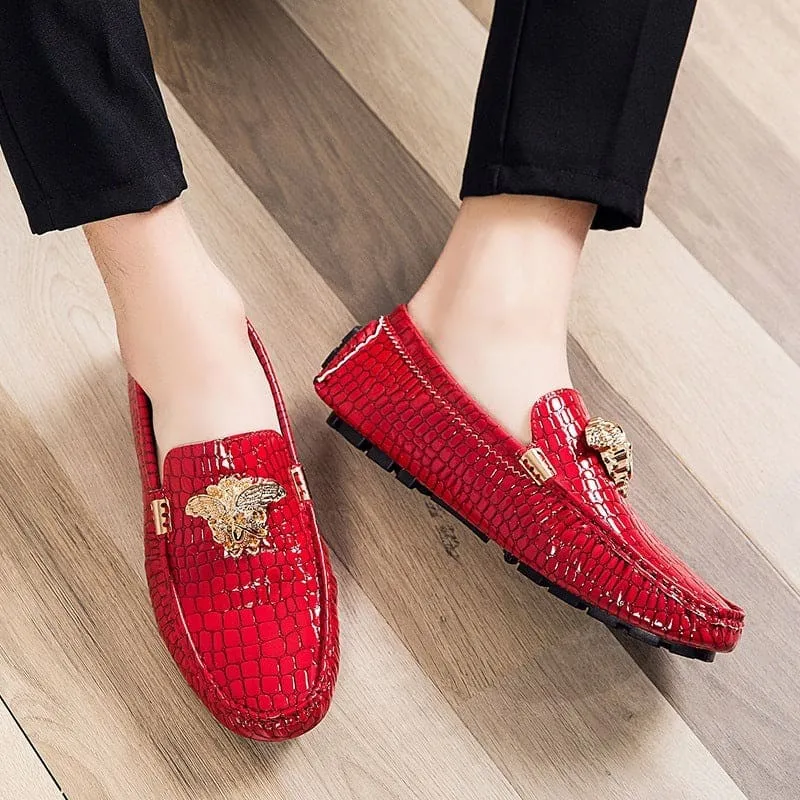 Mens Crocodile Print Loafer Shoes with Gold Motif for Stylish Steps