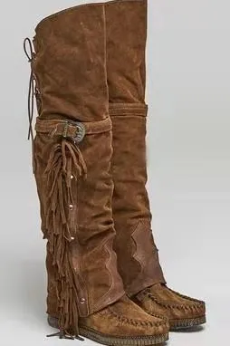 Over The Knee Moccasins With Fringe Beige Brown Black Olive Green Or Burgundy Wine Vegan Suede Lace Up And Stay Up Buckle Boho Knee High Boots