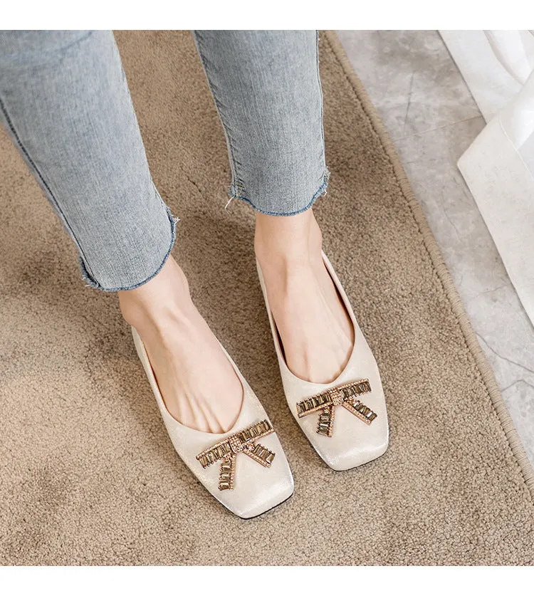 Owlkay Square Head Rhinestone Flat Bottom Women's Shoes