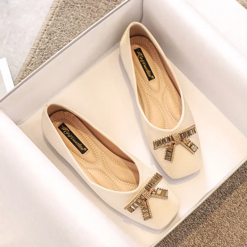 Owlkay Square Head Rhinestone Flat Bottom Women's Shoes