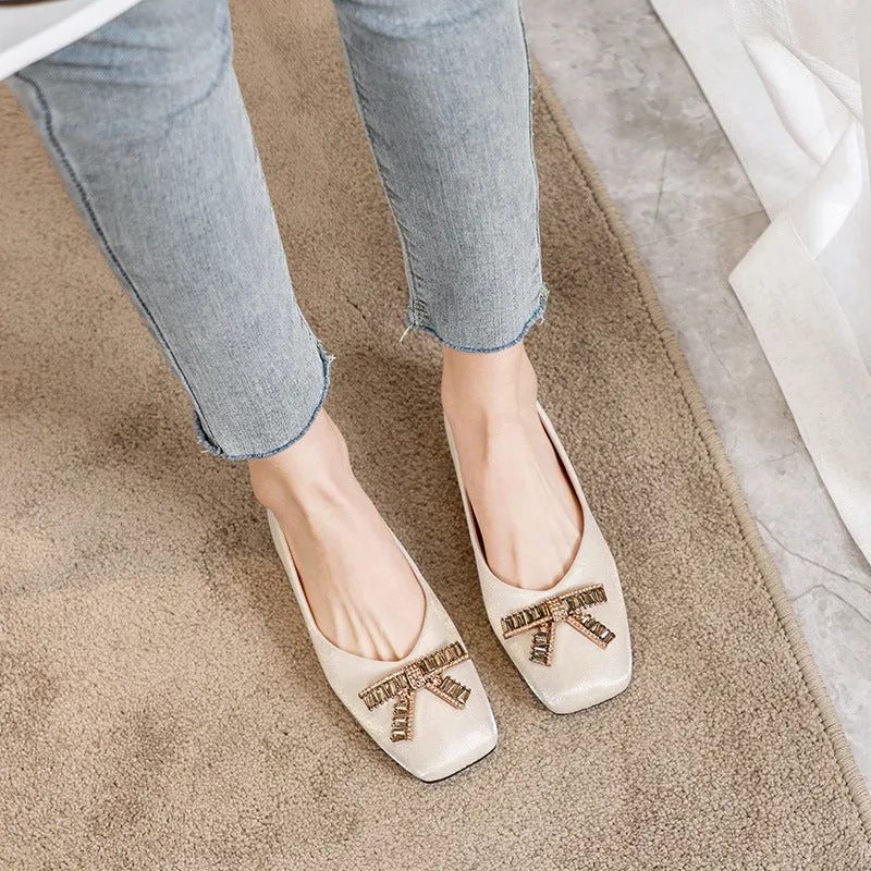 Owlkay Square Head Rhinestone Flat Bottom Women's Shoes