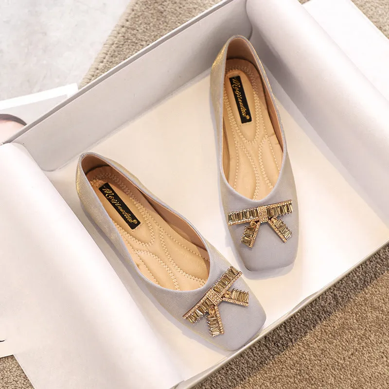 Owlkay Square Head Rhinestone Flat Bottom Women's Shoes