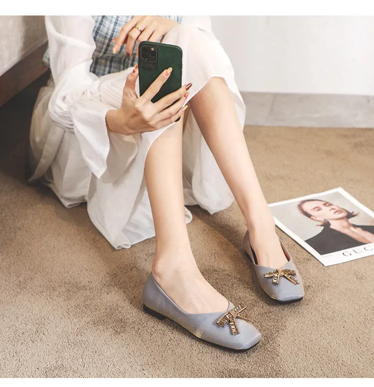 Owlkay Square Head Rhinestone Flat Bottom Women's Shoes