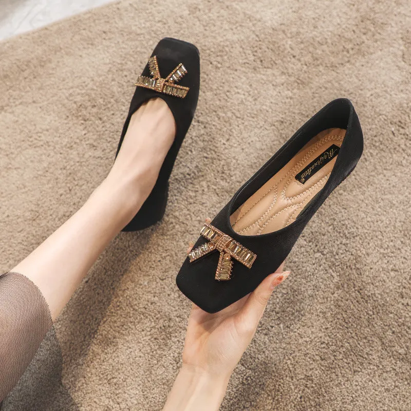 Owlkay Square Head Rhinestone Flat Bottom Women's Shoes