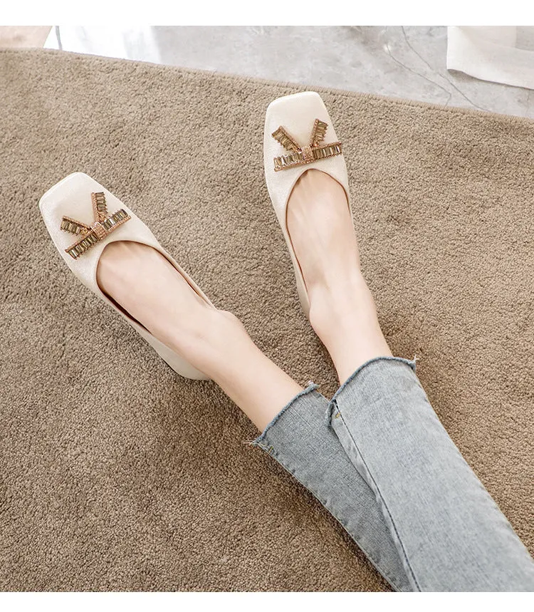 Owlkay Square Head Rhinestone Flat Bottom Women's Shoes