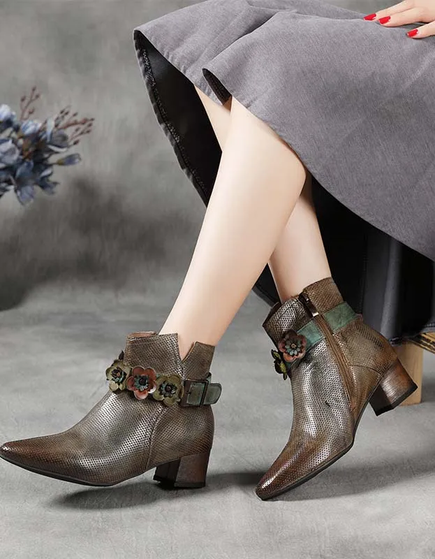 Pointed Toe Flower Vintage Chunky Chelsea Boots