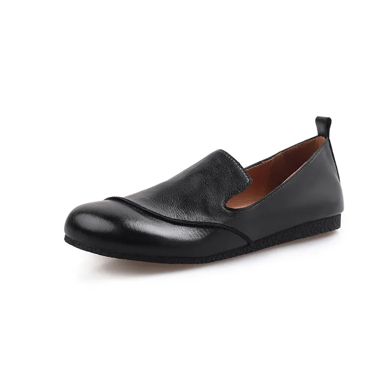 Retro Leather Soft Loafers for Women Round Toe in Brown/Black/Apricot
