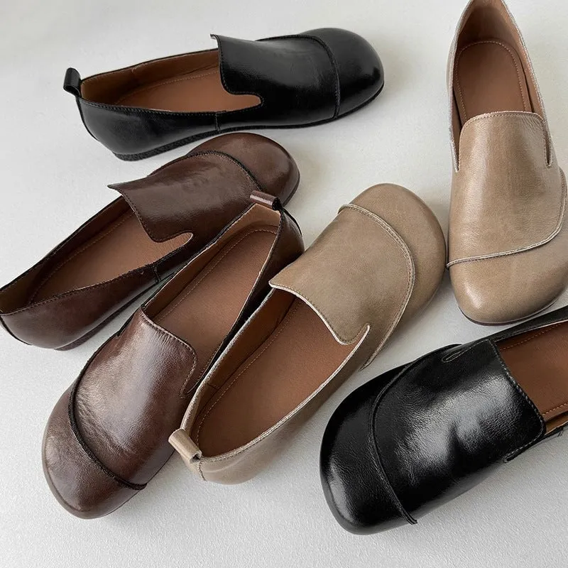 Retro Leather Soft Loafers for Women Round Toe in Brown/Black/Apricot