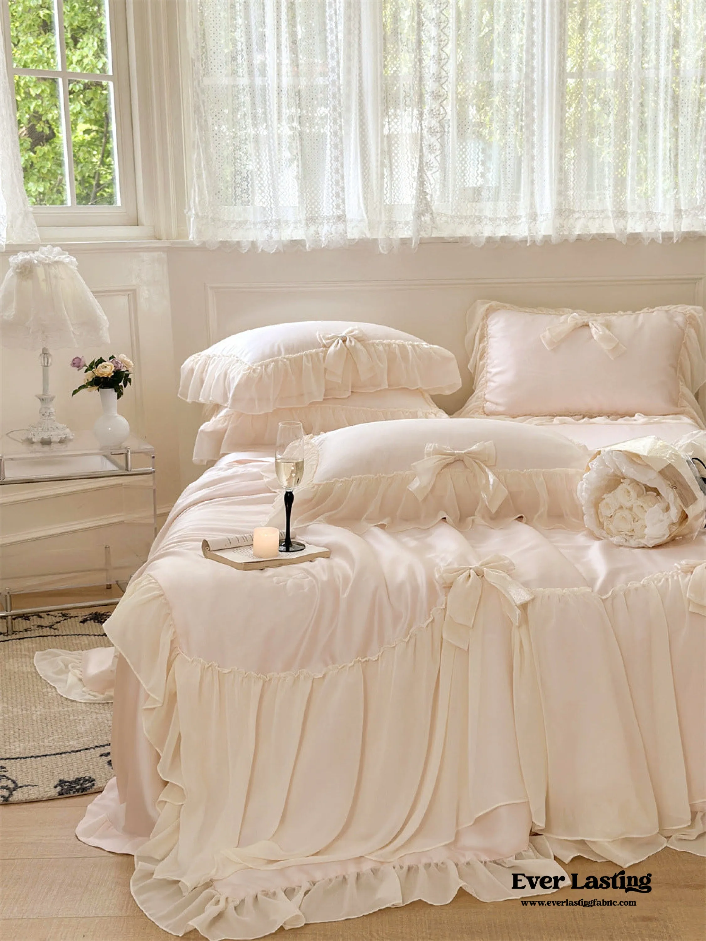 Ribbon Bow Airy Lace Blanket Comforter Set / Baby Pink