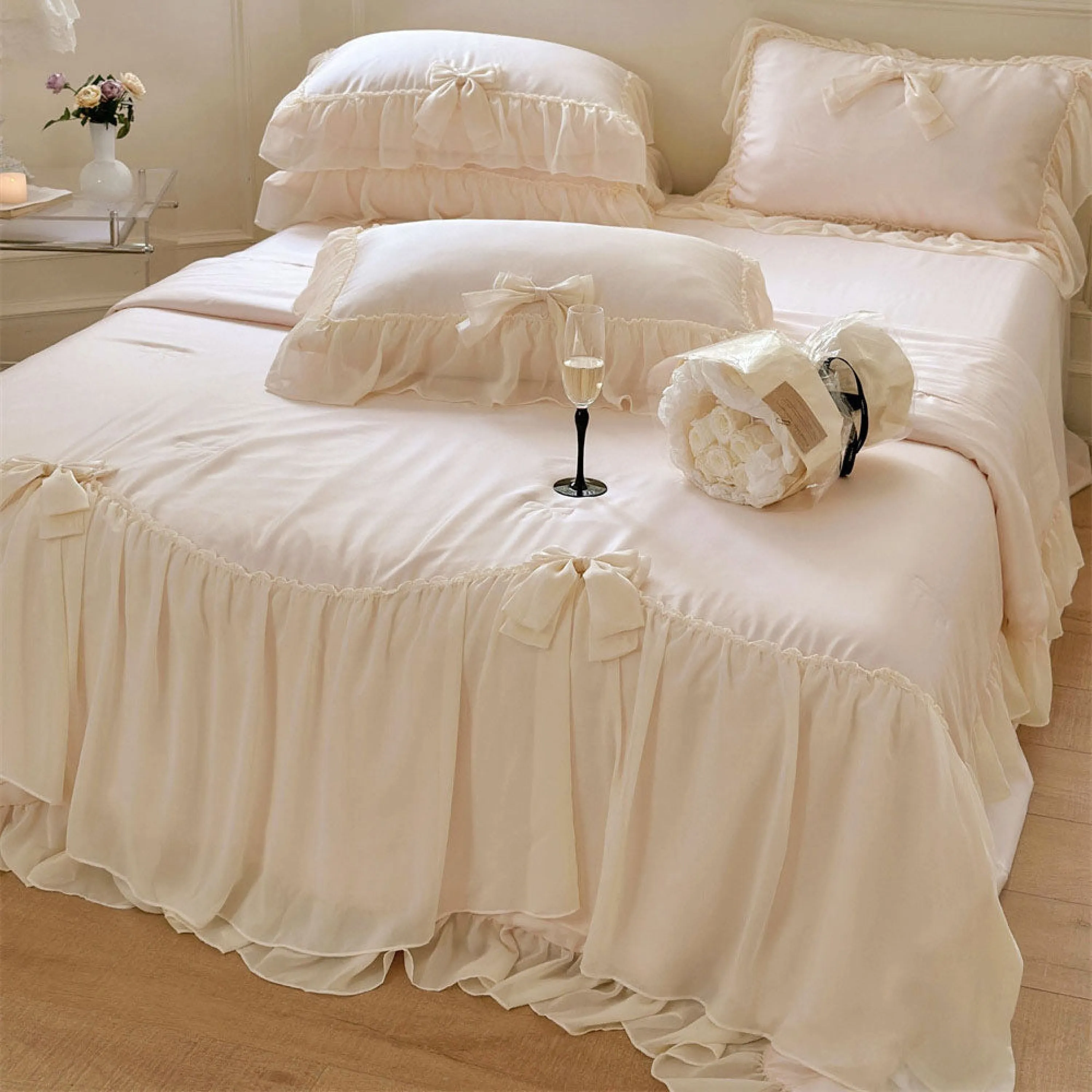 Ribbon Bow Airy Lace Blanket Comforter Set / Mint Green
