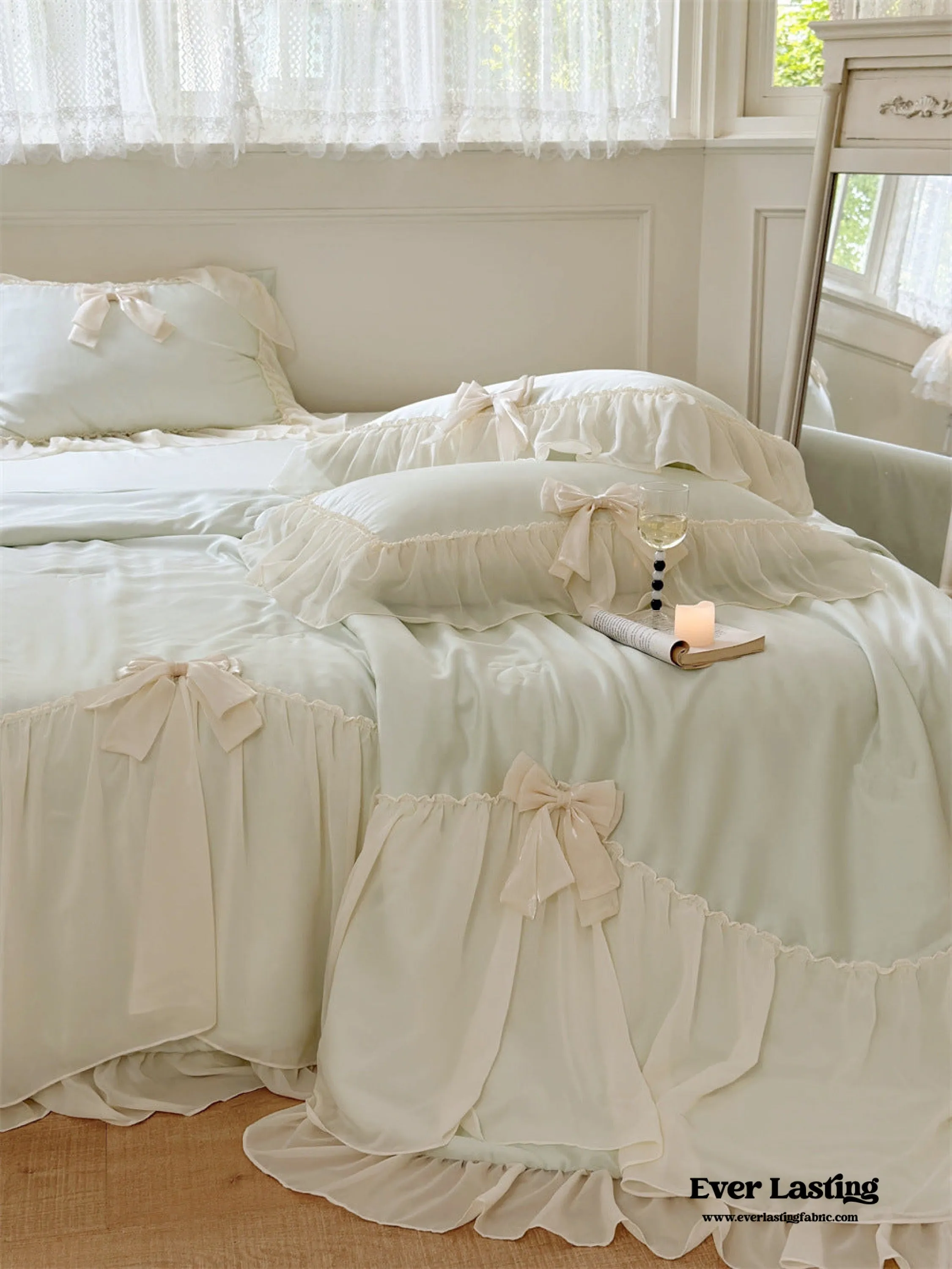 Ribbon Bow Airy Lace Blanket Comforter Set / Mint Green