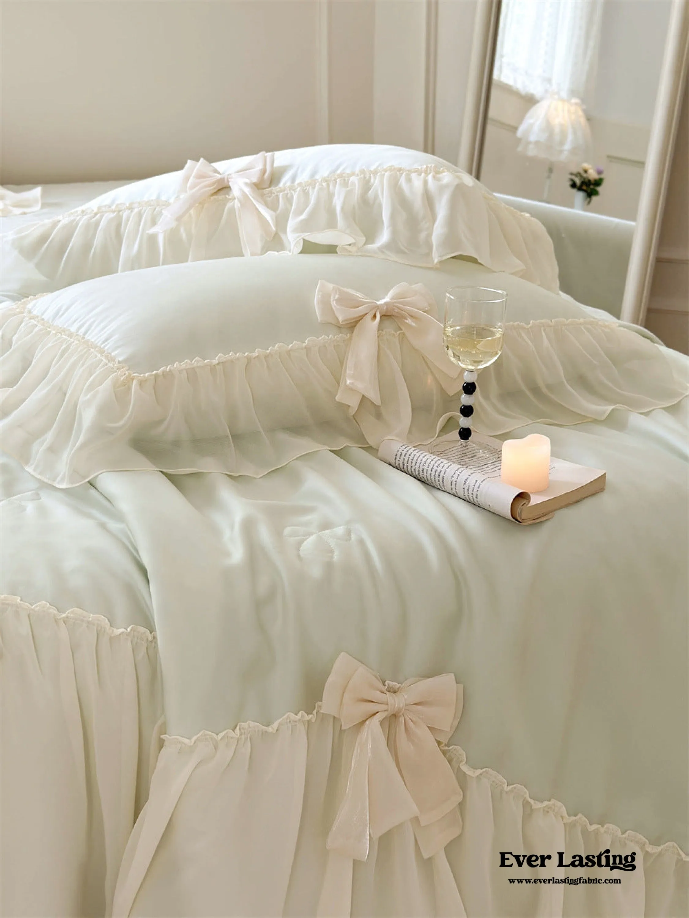 Ribbon Bow Airy Lace Blanket Comforter Set / Mint Green