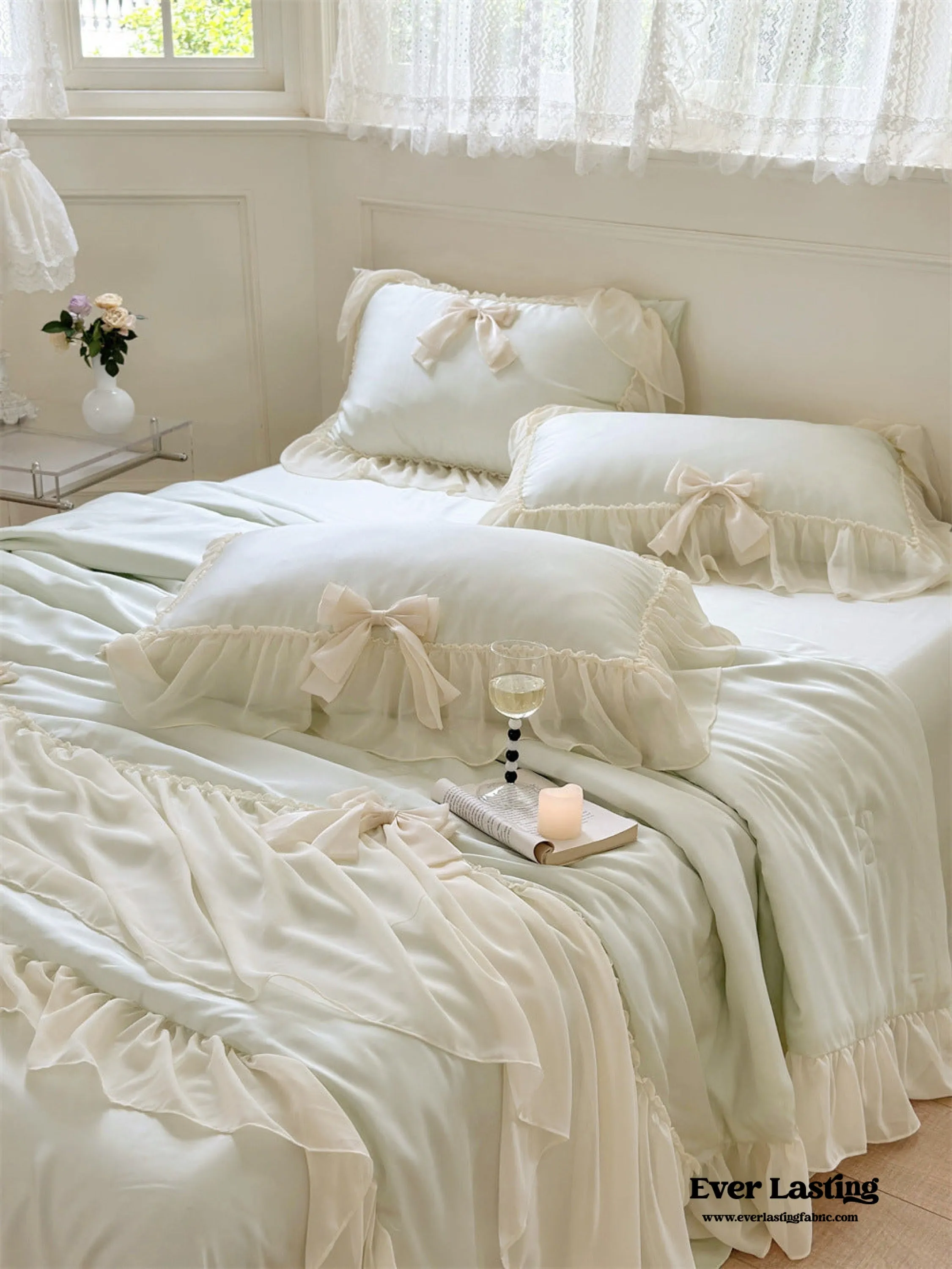 Ribbon Bow Airy Lace Blanket Comforter Set / Mint Green