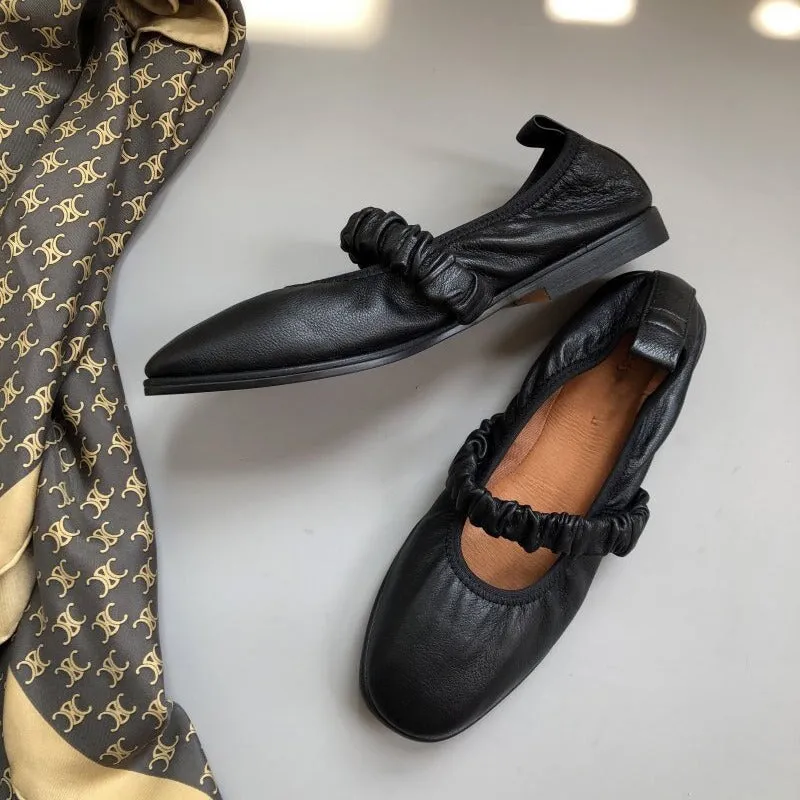 Soft Leather Mary Jane Flats For Women Retro Round Toe Handmade in Black/Beige