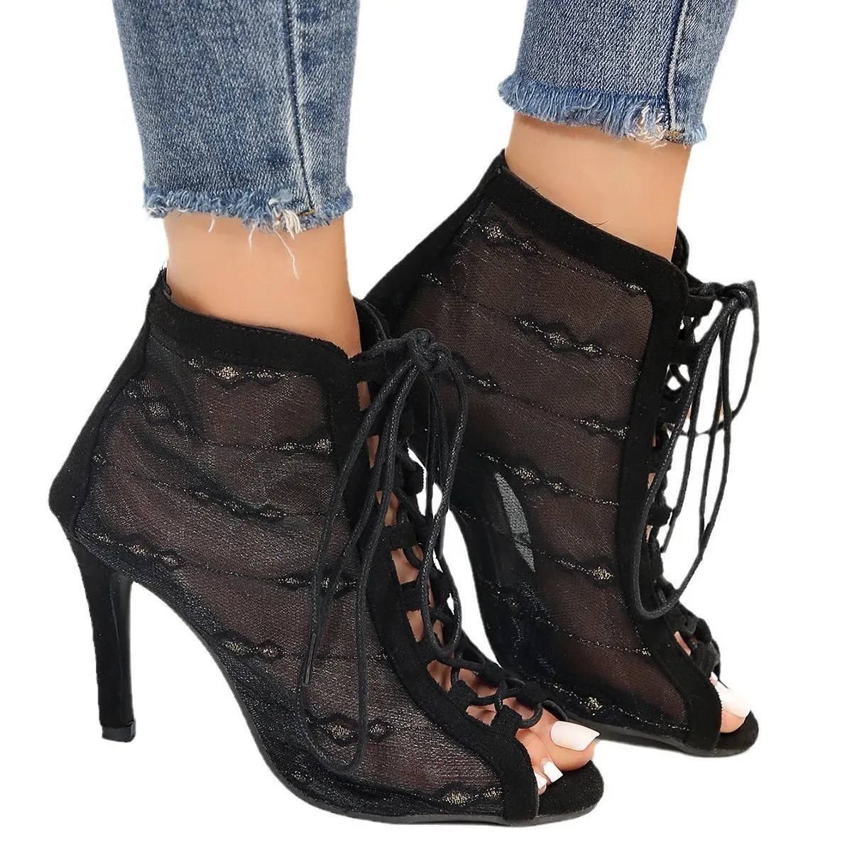 TAVIMART  -  peep toe women's sandals summer 2024 designer shoes black heels apricot comfortable High-heel sandals summer shoes trend boots