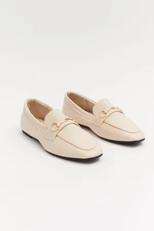 White Flat Loafers With Buckle
