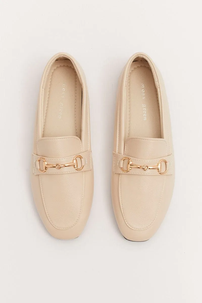 White Flat Loafers With Buckle
