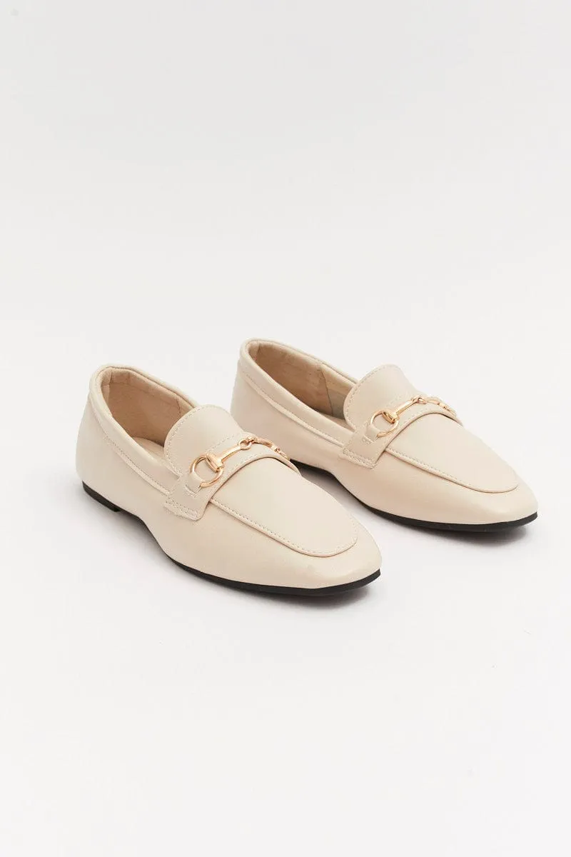 White Flat Loafers With Buckle