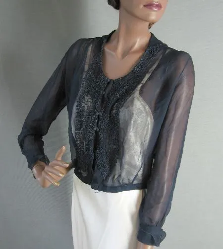 Women's Edwardian Bodice Blouse Vintage Chiffon Antique Top Soutache Embroidery Small to Medium VFG