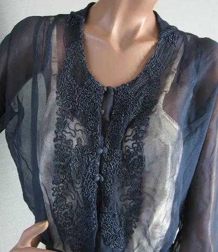 Women's Edwardian Bodice Blouse Vintage Chiffon Antique Top Soutache Embroidery Small to Medium VFG