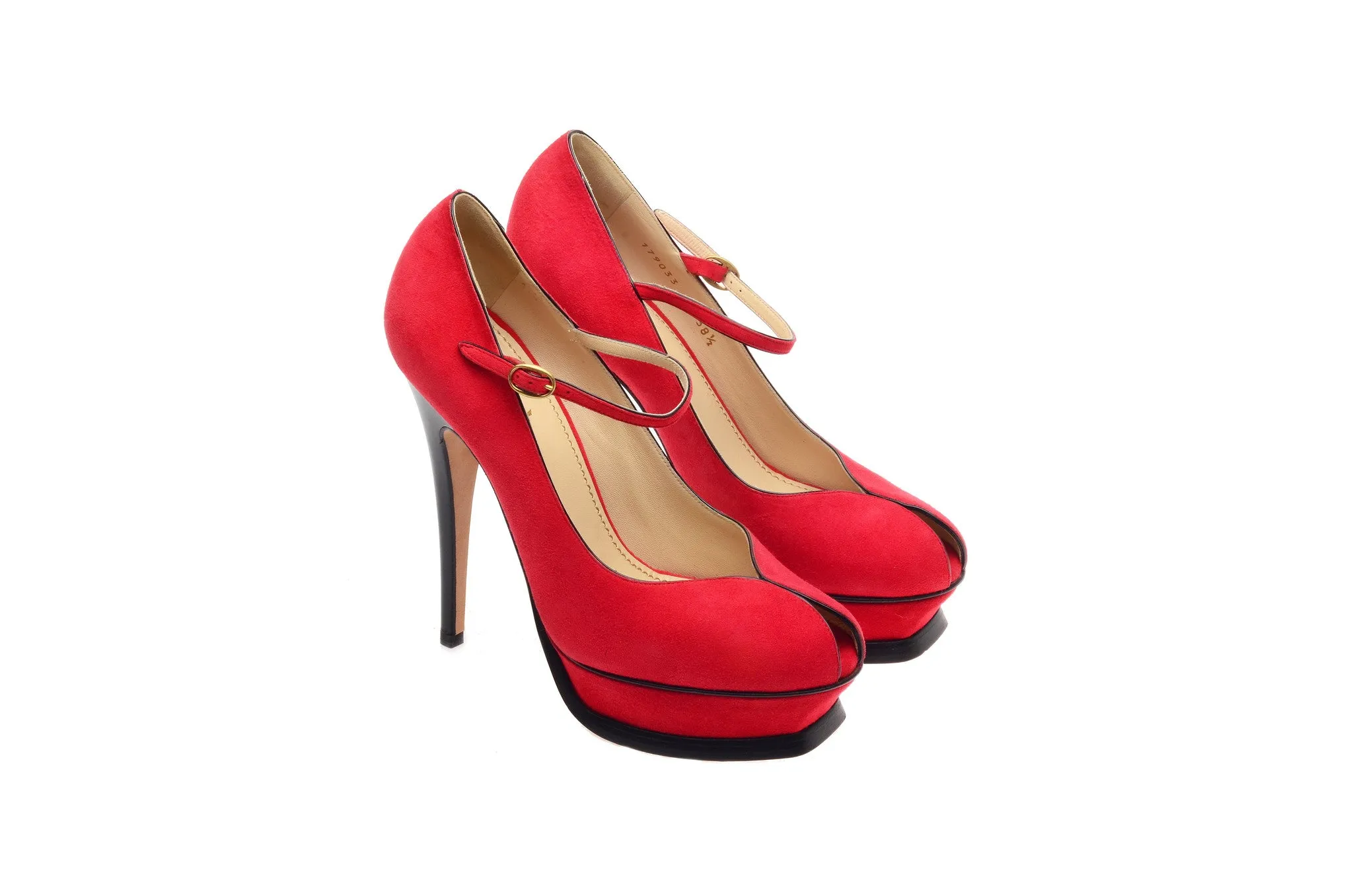 YSL - Red & Black Suede Peep Toe Pumps with Ankle Strap - IT 38 1/2