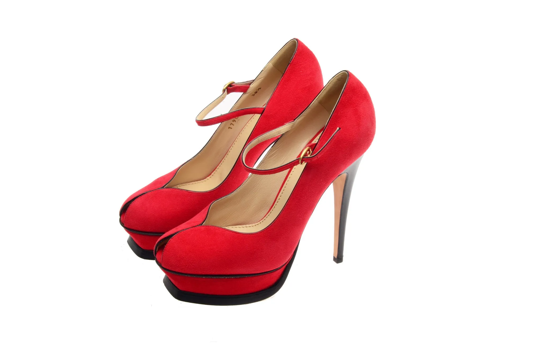 YSL - Red & Black Suede Peep Toe Pumps with Ankle Strap - IT 38 1/2